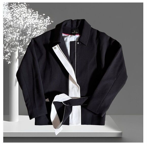 Worthington Black & White MOD Full Zip Tie Waist Coat Jacket, Women's Med (EUC+) - Picture 1 of 8